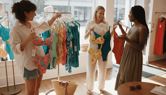 Women discussing and choosing swimwear in boutique
