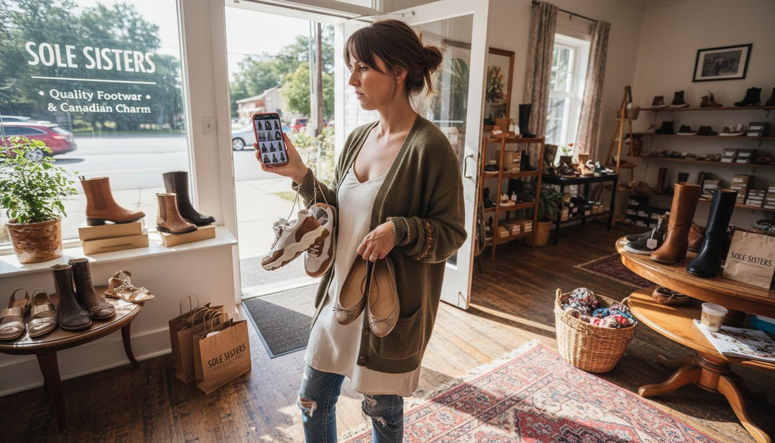 Woman comparing shoes in small boutique