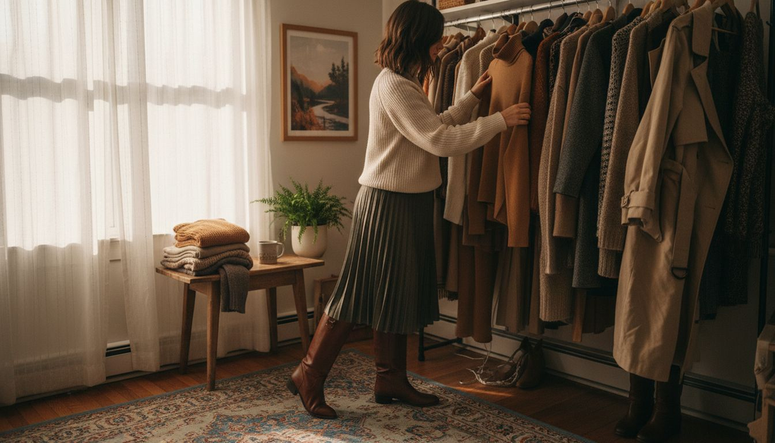 Woman choosing fall essentials in entryway