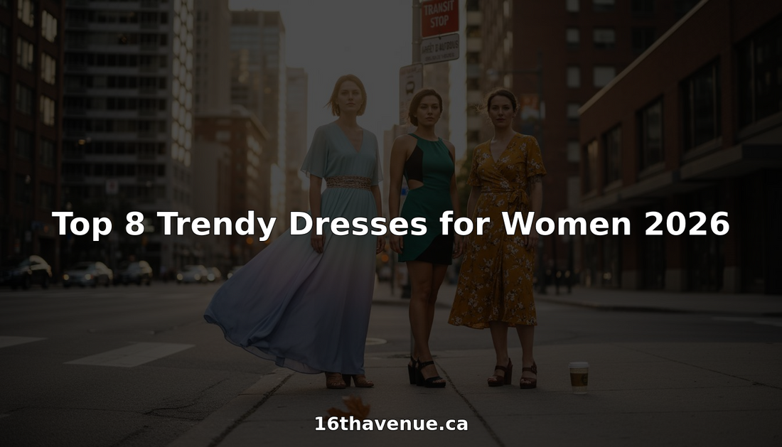 Three women in trendy dresses city crosswalk 2026
