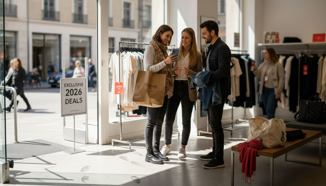 Shoppers examining discount fashion in city boutique