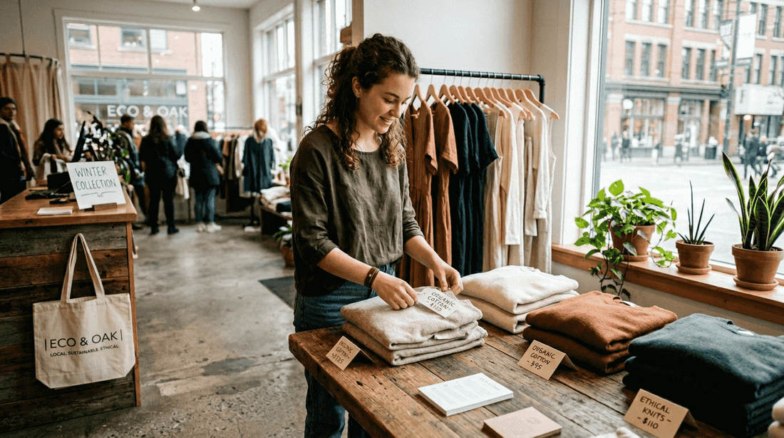 Ethical fashion boutique with natural light and folded clothes