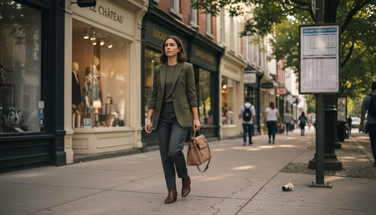 Woman walking with stylish handbag city street