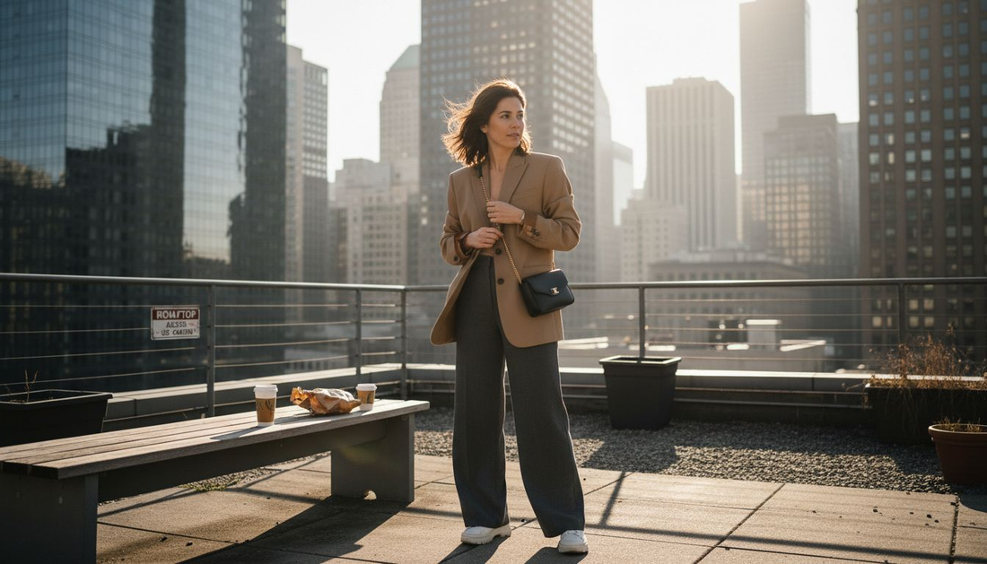 Woman styling trendy outfit on city rooftop