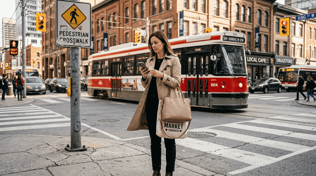 Woman with handbag waiting at city crosswalk