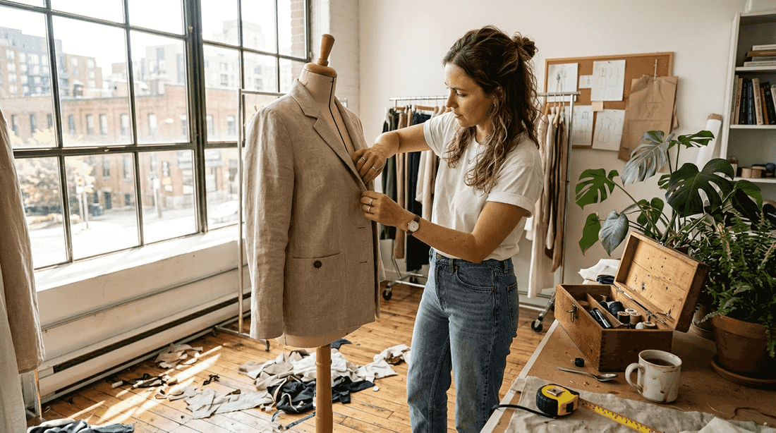 Designer examining garment in sunlit studio