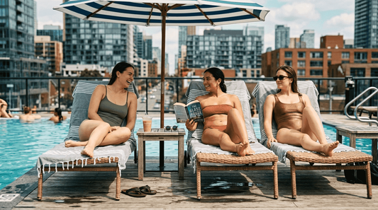 Women modeling 2026 minimalist swimwear at rooftop pool