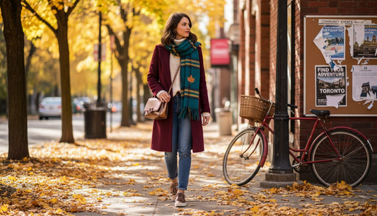 Woman in layered fall outfit on city sidewalk