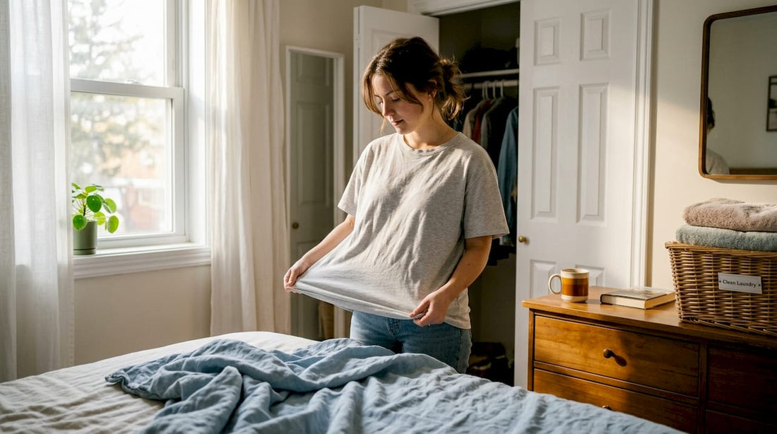 Woman testing stretch of soft fabric shirt