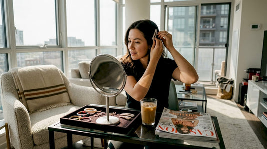 Woman trying beauty accessories at home vanity