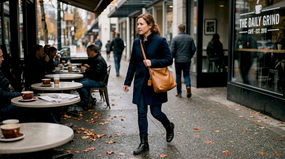 Woman walking with handbag on city sidewalk