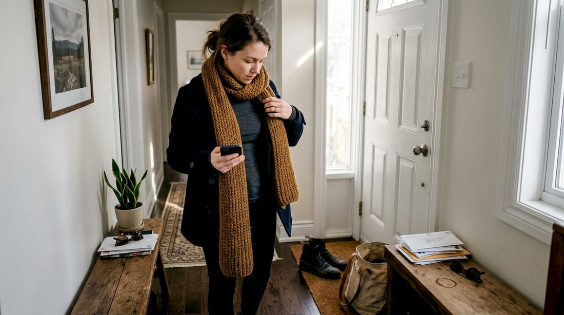Woman layering scarf over stylish coat in hallway