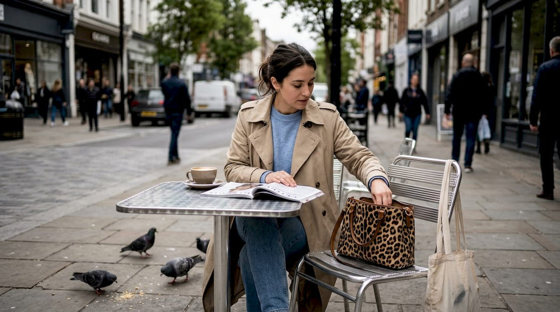 Woman with animal-print handbag at city café