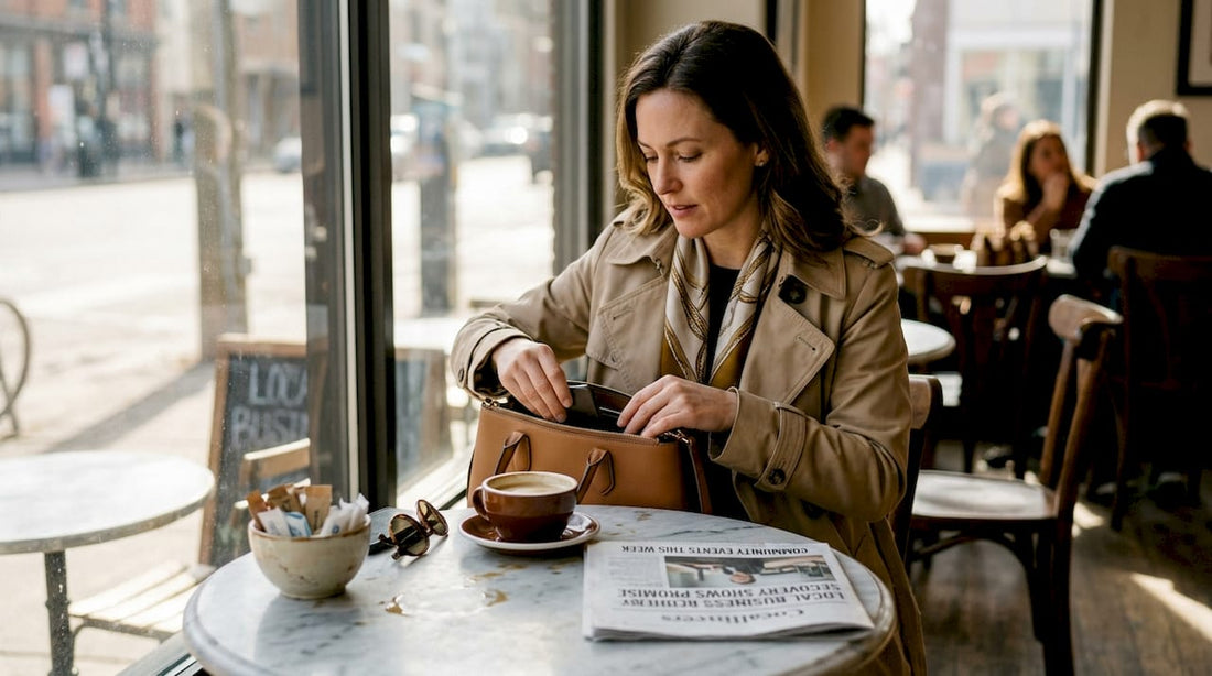 Woman organizing luxury handbag in city café