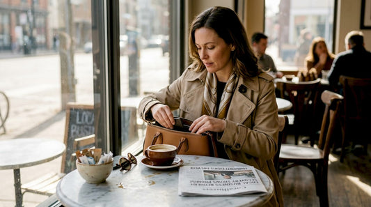 Woman organizing luxury handbag in city café