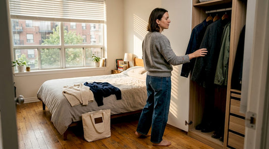 Woman choosing jacket from home wardrobe