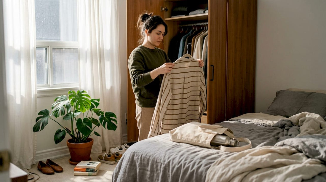 Woman choosing sustainable clothing at home
