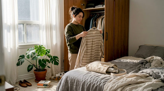 Woman choosing sustainable clothing at home