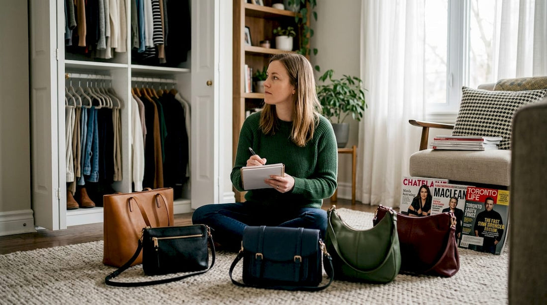 Woman reviewing wardrobe with handbags