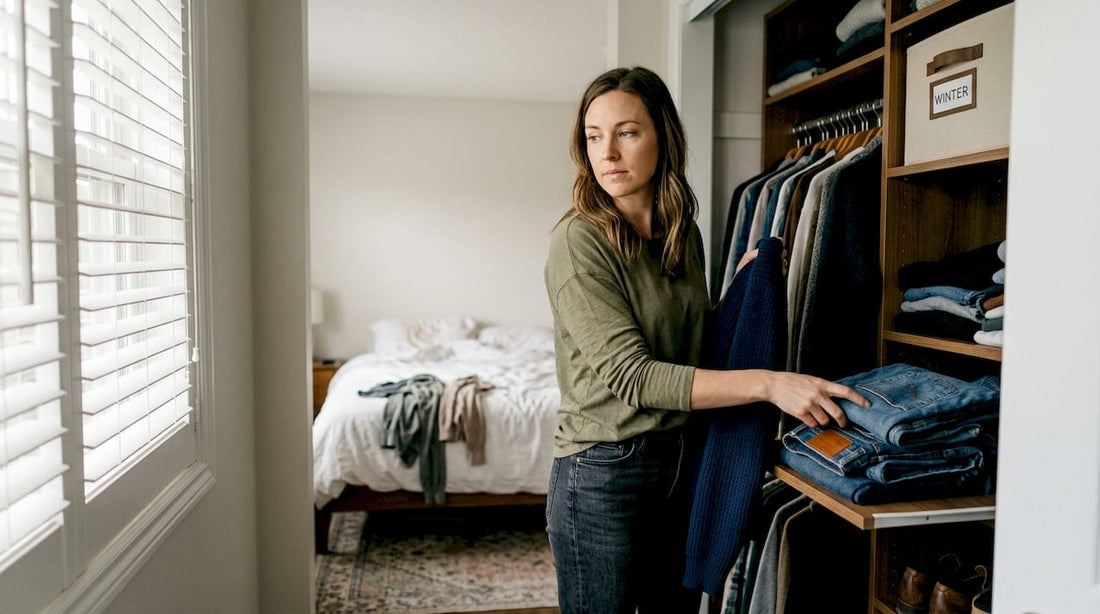 Woman sorting clothing in home closet