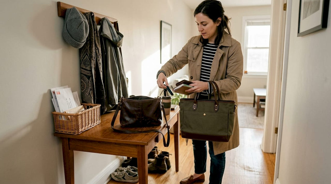 Woman choosing handbag in home entryway