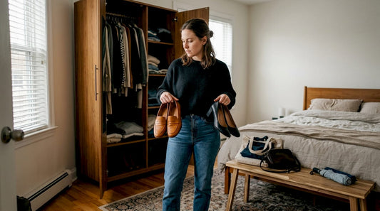 Woman choosing shoes in bedroom wardrobe