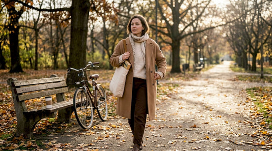 Woman walking in layered fall outfit