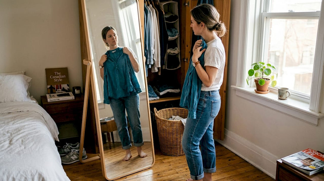 Woman comparing clothes in wardrobe with sunlight