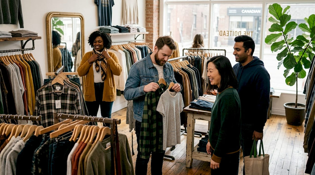 Shoppers of diverse sizes casually browsing clothing