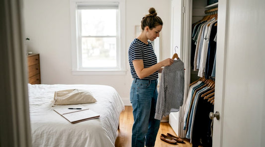 Woman curates wardrobe from open bedroom closet