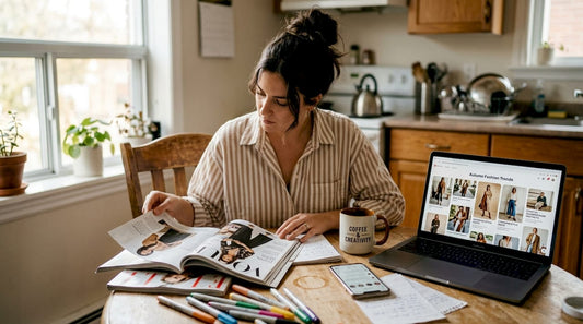 Woman researching fashion trends in home kitchen