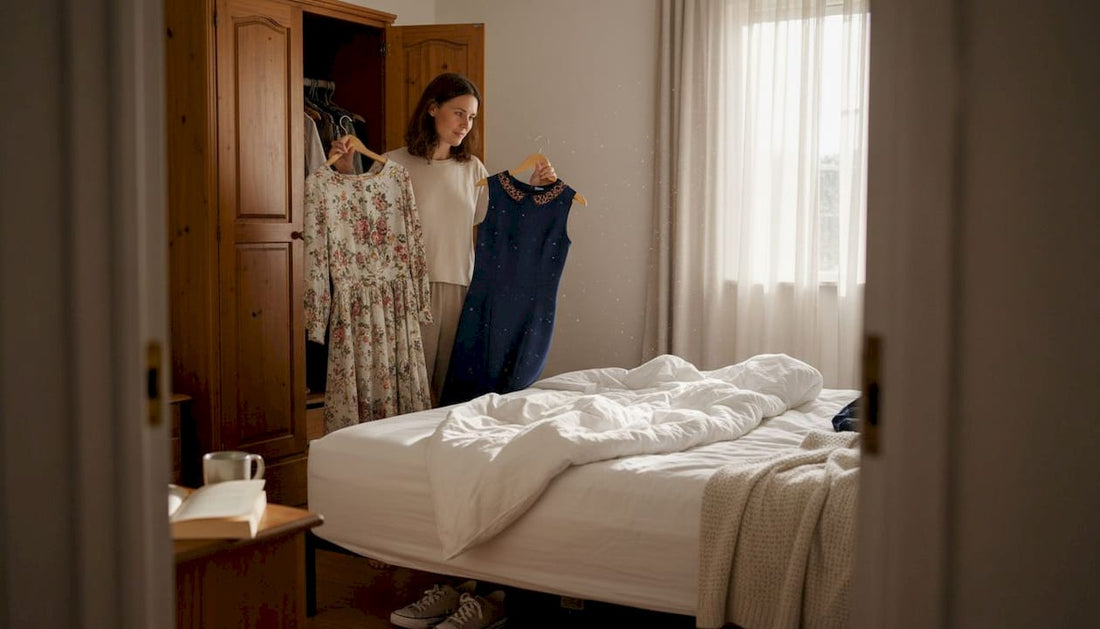 Woman choosing dresses from bedroom wardrobe