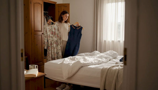 Woman choosing dresses from bedroom wardrobe