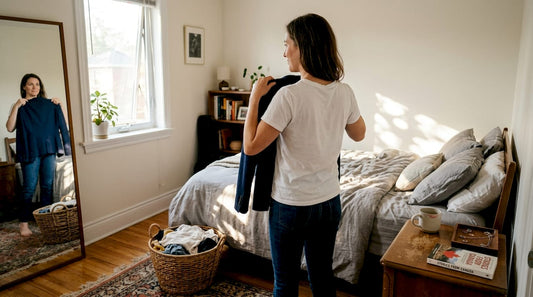 Woman choosing blazer in bright bedroom