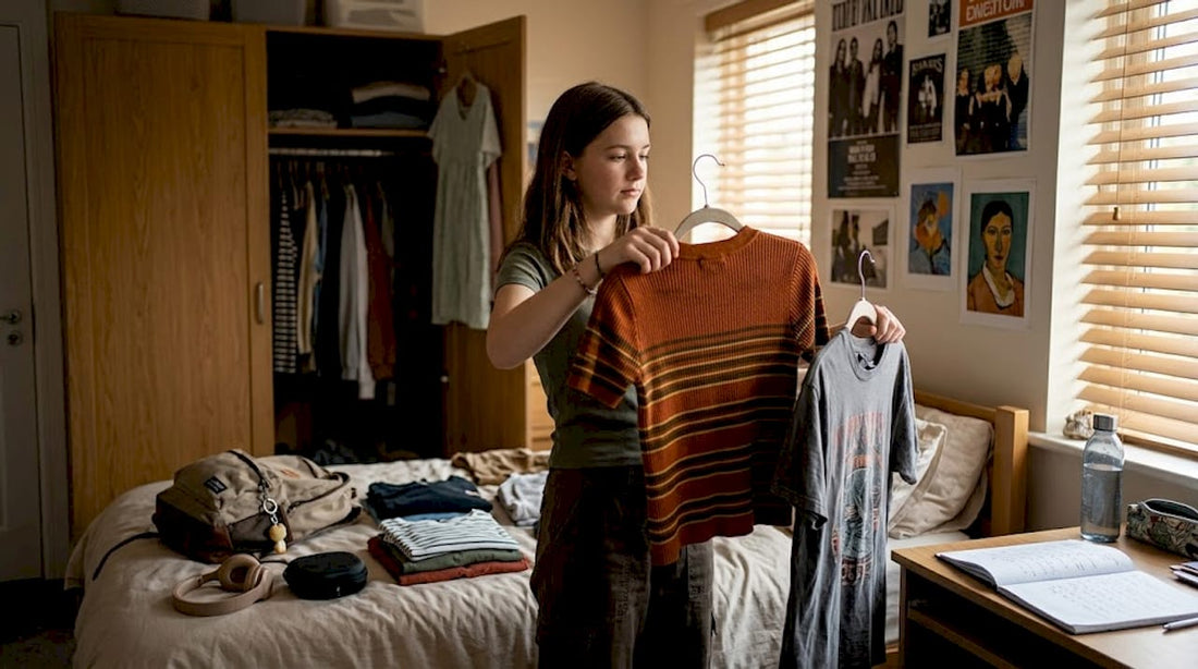 Teen choosing clothes from bedroom wardrobe