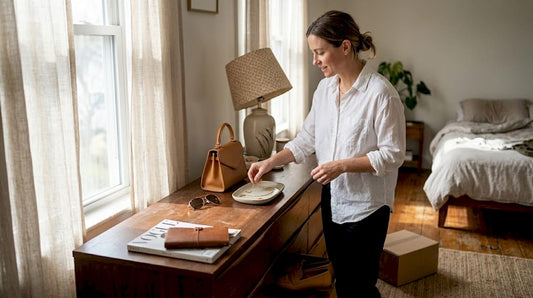 Woman organizing timeless accessories on dresser