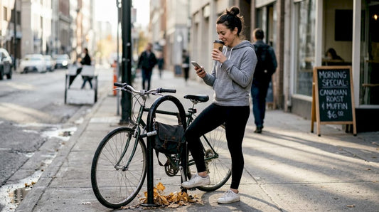 Woman in athleisure on city sidewalk with bike