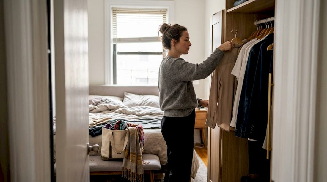 Woman choosing clothes from bedroom wardrobe