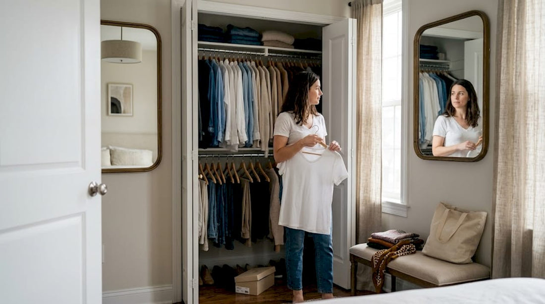 Woman choosing basics from organized home closet