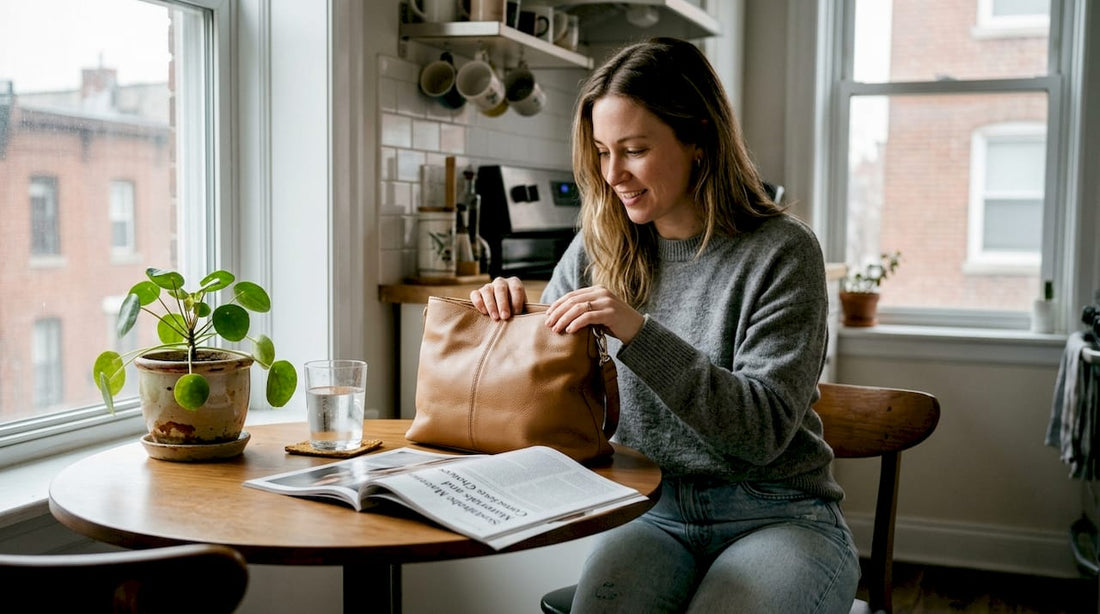Woman studying vegan leather handbag at kitchen table