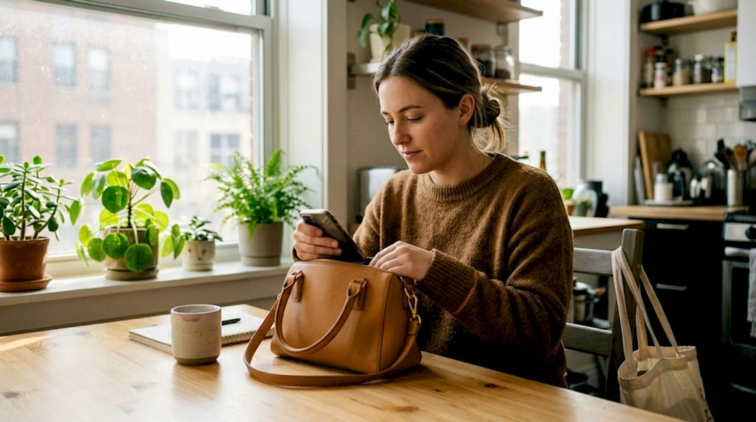 Woman examining vegan leather handbag at kitchen table