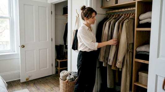 Woman selecting blazer in organized minimalist closet