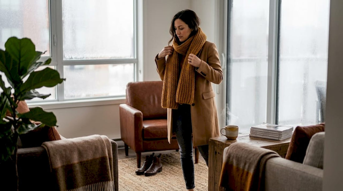 Woman in a winter outfit in cozy living room
