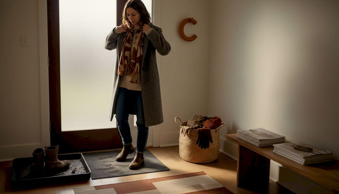 Woman adjusts winter coat in entryway