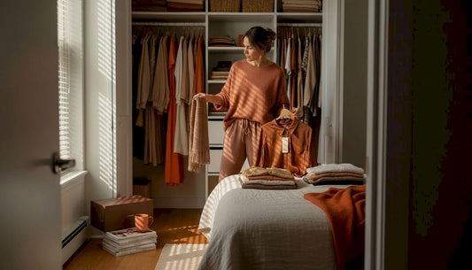 Woman sorting clothes in closet workflow