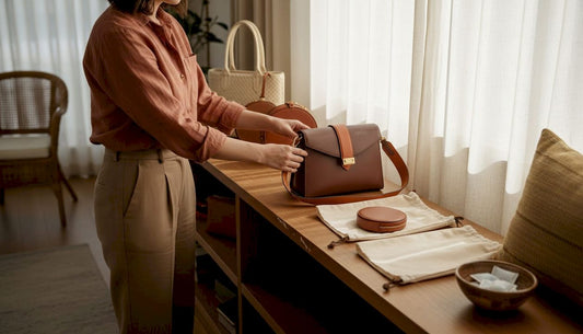 Woman placing leather handbag on bedroom shelf