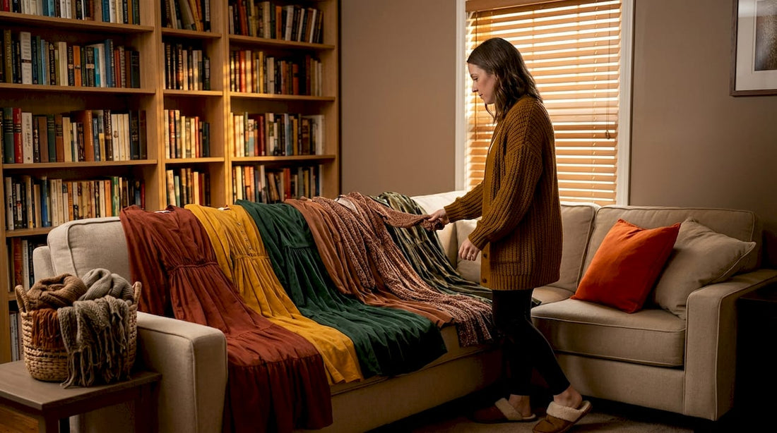 Woman choosing among six fall dresses in cozy living room