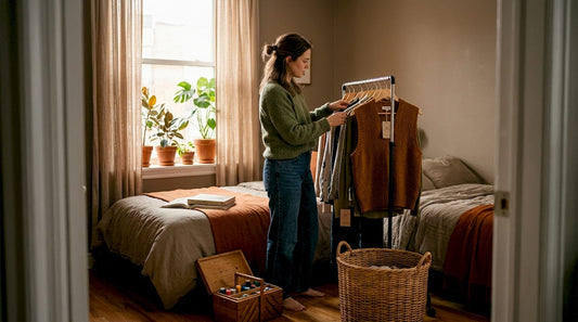 Woman considers eco-friendly clothes at home