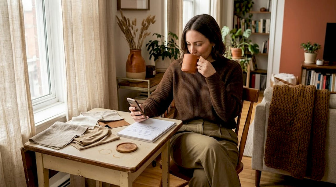 Woman wearing casual fabric at kitchen table