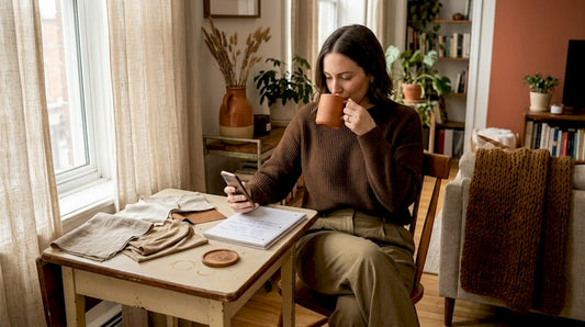 Woman wearing casual fabric at kitchen table